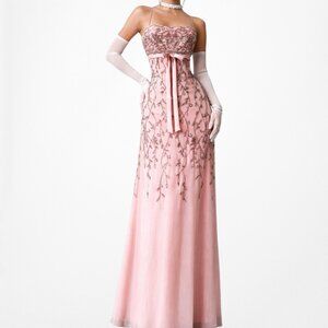 Vintage Y2K Salmon Pink Knit Mesh Floral Beaded Babydoll Maxi Prom Dress Size M